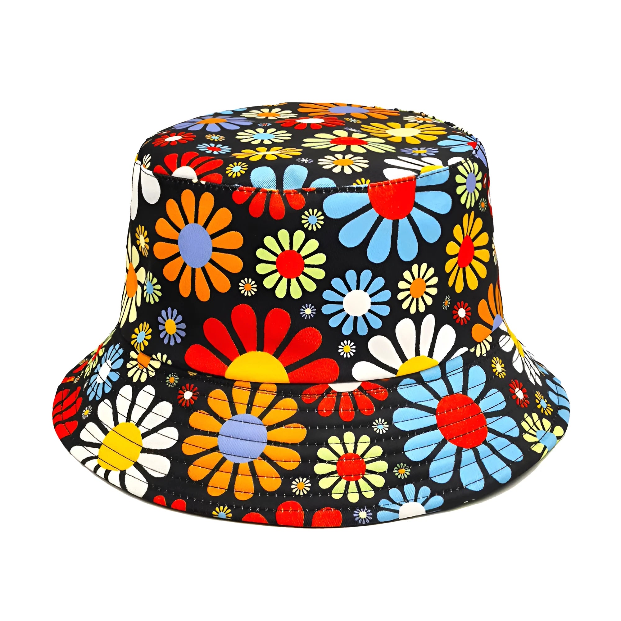 Colourful floral print polyester bucket hat with a dome crown on a white background.