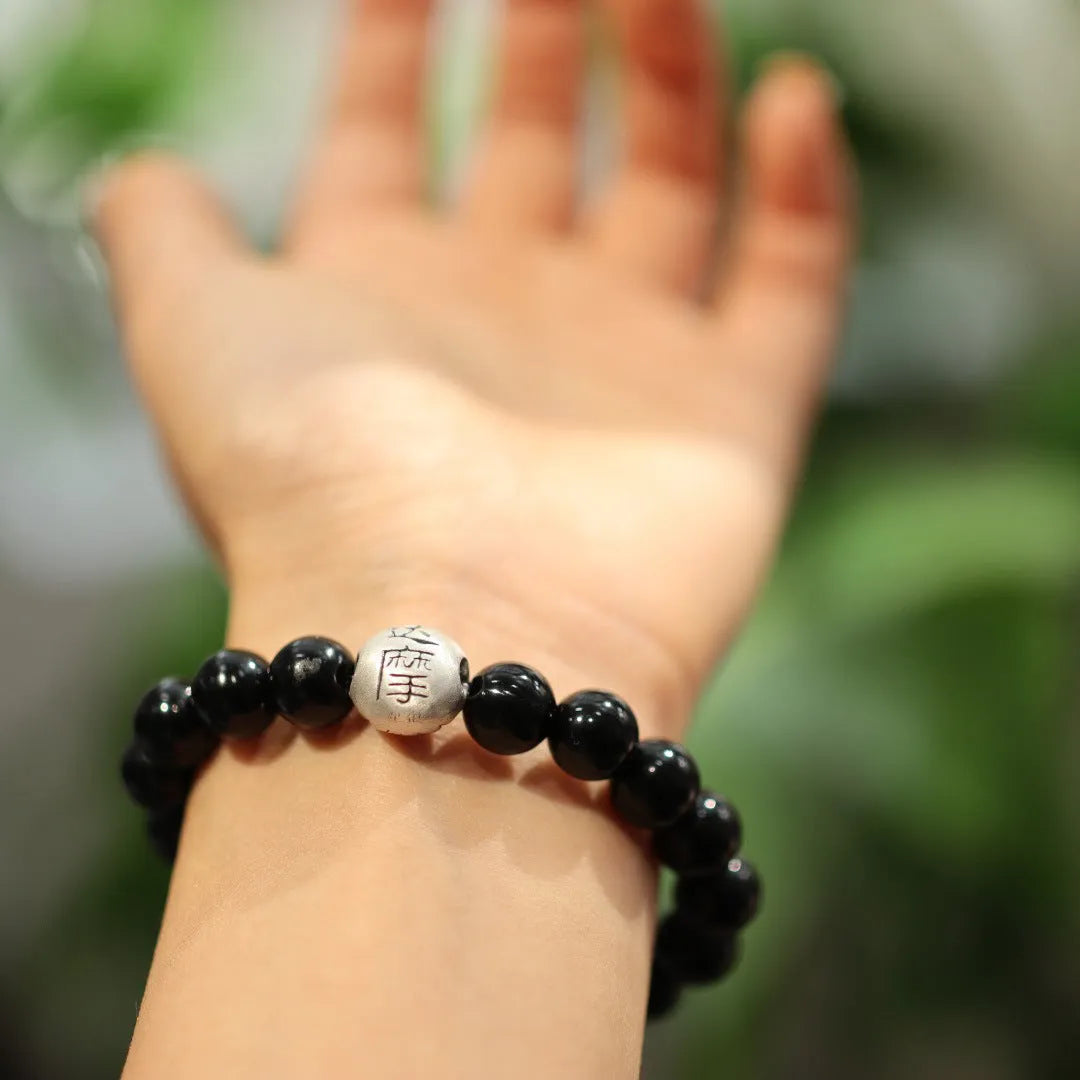 Black agate bracelet with 10mm beads and sterling silver Chinese style design