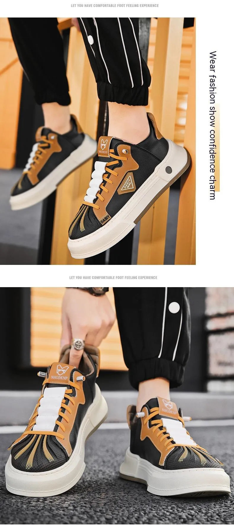 Men's beige low-top sneakers with elastic band and round toe.