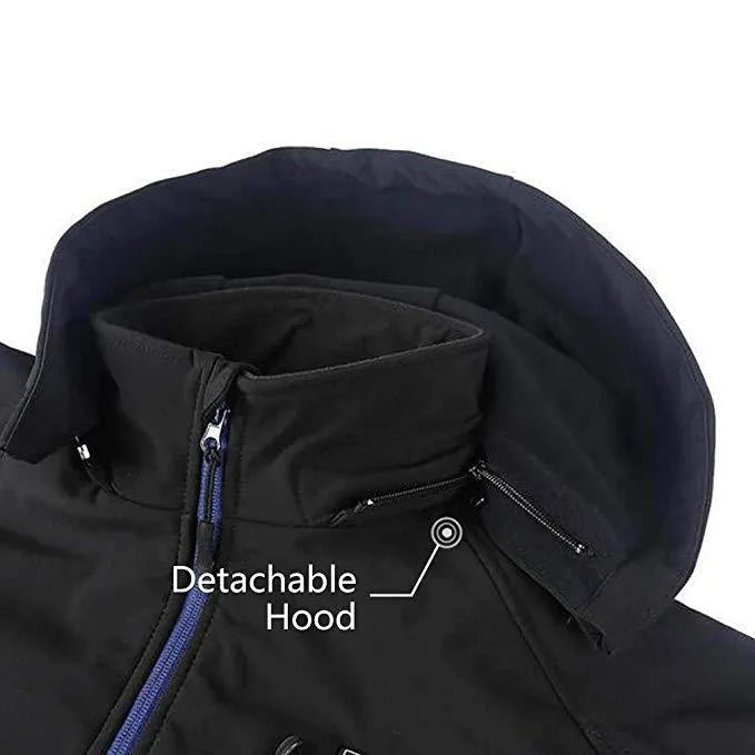 Black men's waterproof winter coat with USB heating port and zipper pockets on a mannequin.
