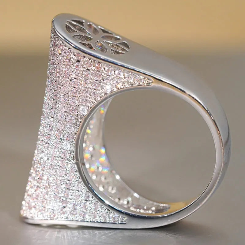 Women's flower and geometric ring with inlaid zircon stones, copper band, DJ091 white gold colour, sizes 6 to 10
