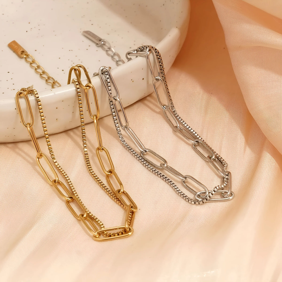 Double layer geometric women's bracelet in gold or silver electroplated stainless steel