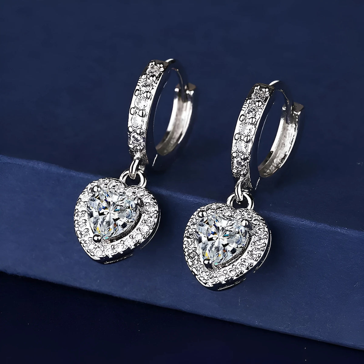 Copper inlaid zircon love earrings with heart shape and electroplated white gold or yellow gold colour finish