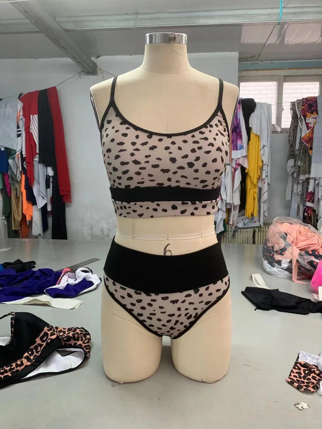 Women's high waist split bikini swimsuit in white or leopard print with Asian sizing options