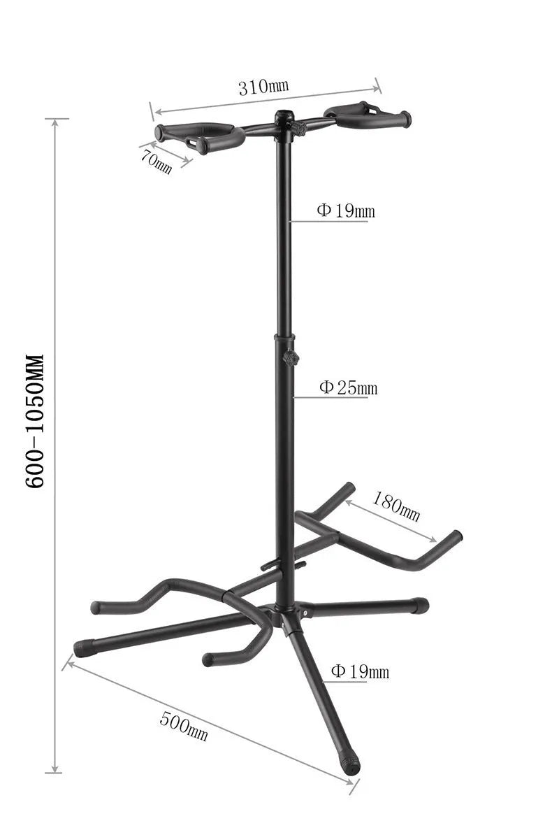 Vertical black iron guitar stand with two adjustable heads for western string instruments