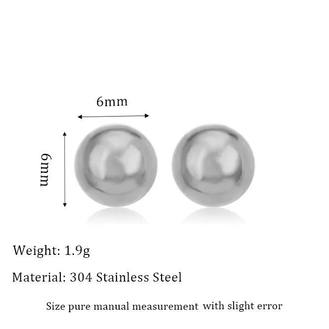 Minimalist 18K gold plated titanium steel ball stud earrings in 3mm, 4mm, 5mm, and 6mm sizes for women.