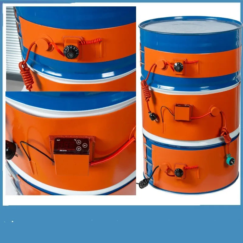 Silicone rubber heating belt wrapped around a 200-litre oil drum, showing digital display control unit.