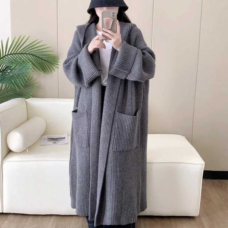 Loose hooded sweatshirt women's extended cardigan coat in milky white black grey purple brown acrylic fabric