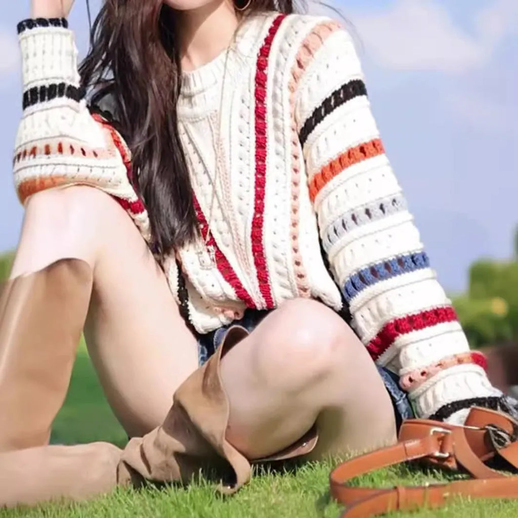 Retro rainbow striped hollow knit sweater with round neck and batwing sleeves in loose free size fit