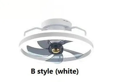 Modern white ceiling fan light with acrylic lampshade and five polycarbonate blades.