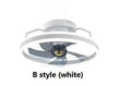 Modern white ceiling fan light with acrylic lampshade and five polycarbonate blades.