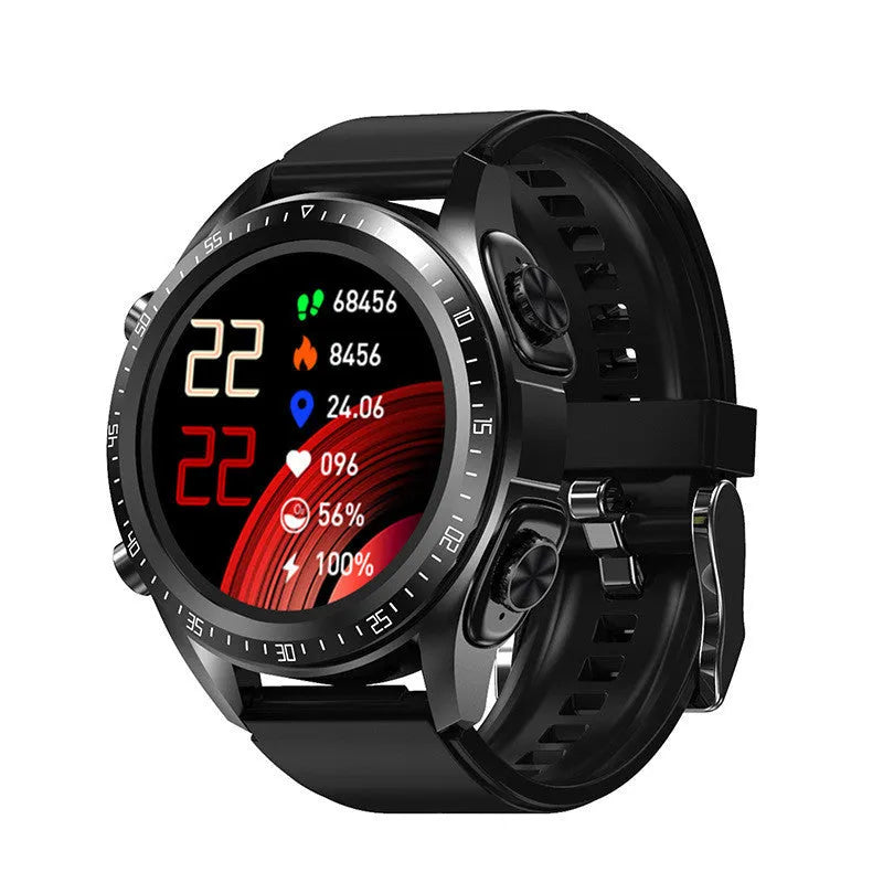 Black smart watch with blood pressure monitoring on silicone wrist strap showing 1.28-inch screen