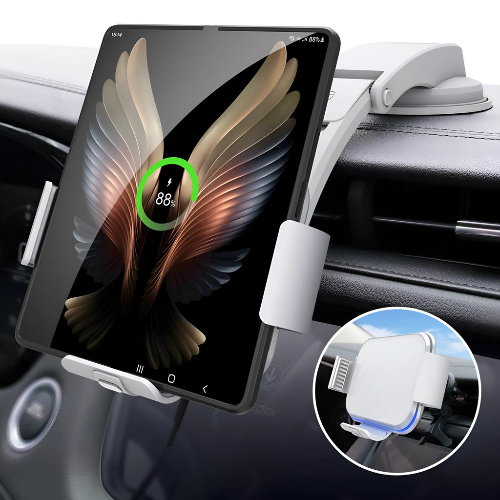 Grey wireless charging car phone holder with folding screen shown with air conditioner clip and suction cup mount accessories.