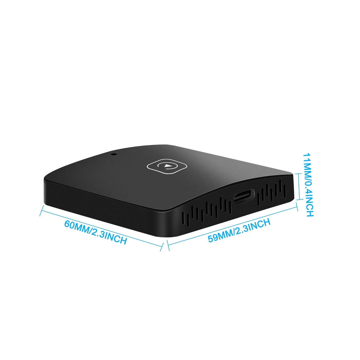 Black wireless CarPlay adapter module and silver Android Auto adapter with USB-C cables on a grey background.
