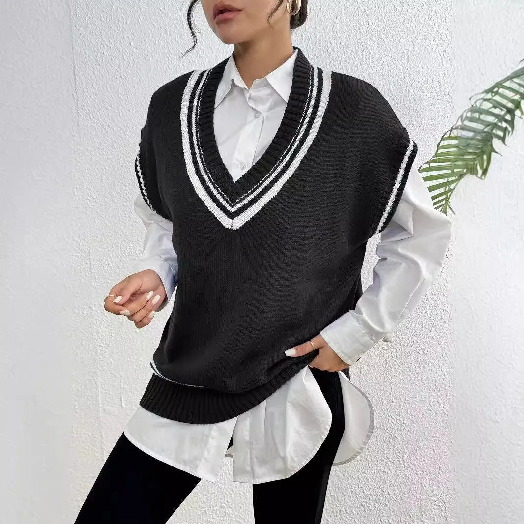 Blue loose women's wool vest sweater with a casual pullover design.