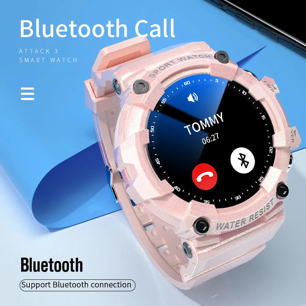 Black smart sports watch with round colour screen showing heart rate display on TPU strap