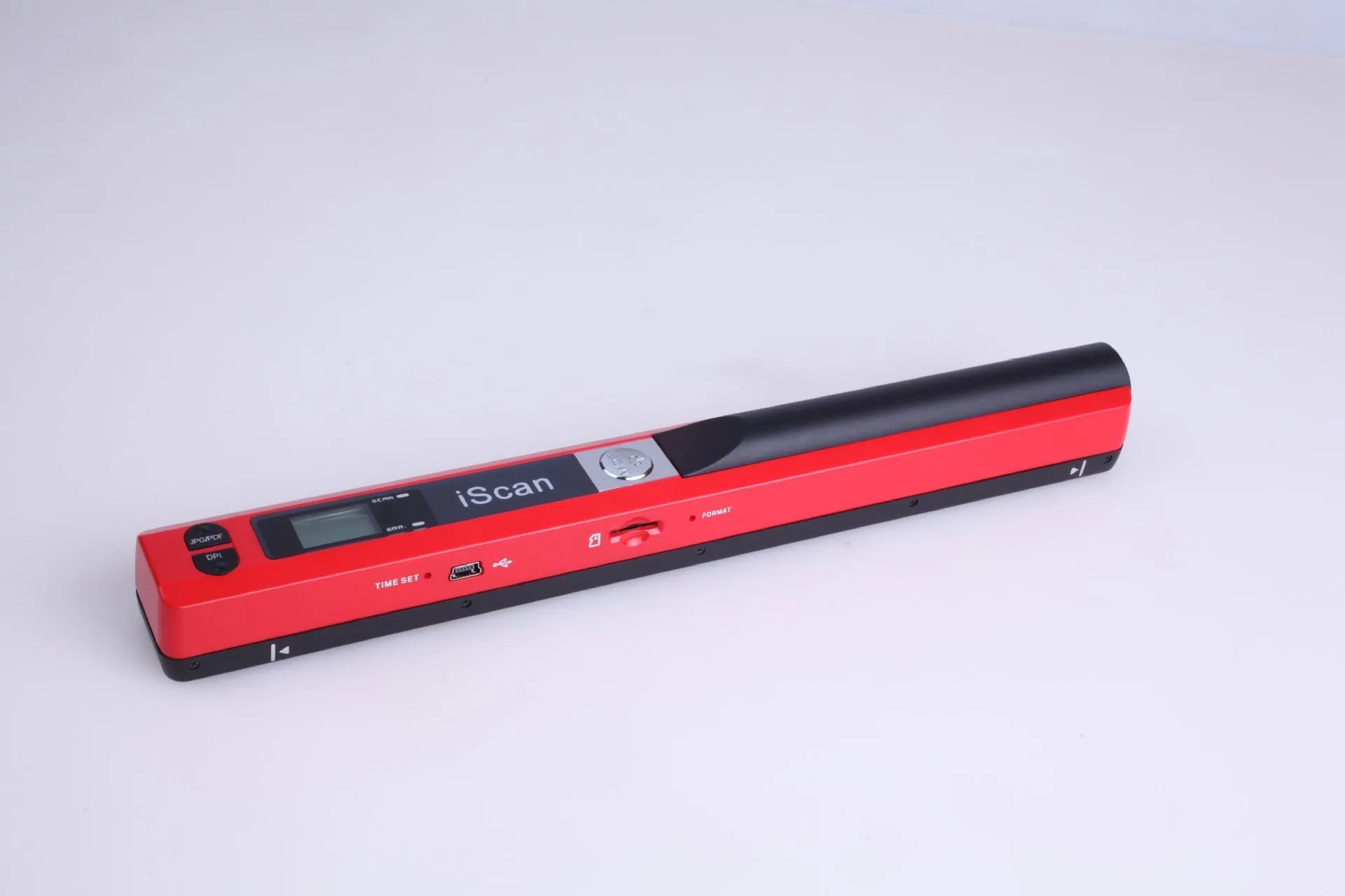 Handheld plastic scanner shown in black, blue, green, red, and silver colour options.