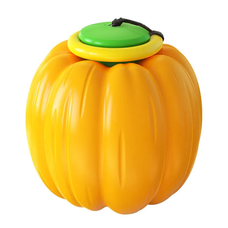 Pumpkin-shaped plastic dog ball with squeaker in green, orange and yellow colours for small dogs