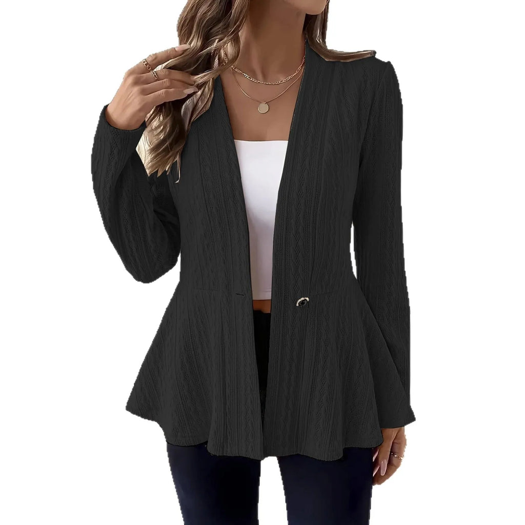 Women's apricot coloured knitted cardigan with single button front and jacquard pattern detail