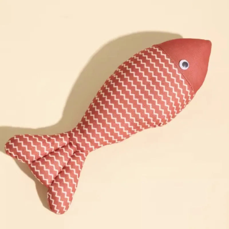 Blue, red, and yellow fish-shaped cat toys in large and medium sizes on a white background.
