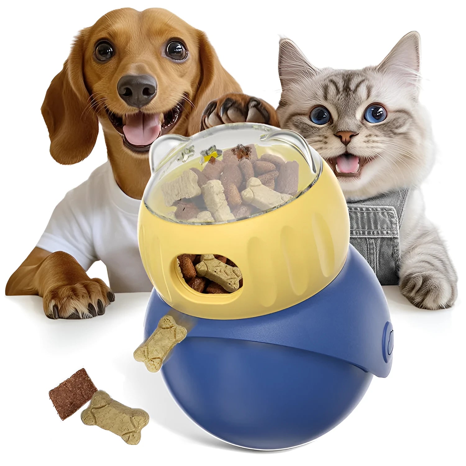 Owl-shaped plastic puzzle feeder for cats in Morandi yellow and blue colours