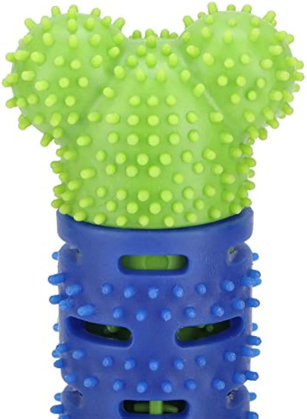Blue silicone dog molar tooth cleaner stick with serrated brush head and treat crevice for dental care