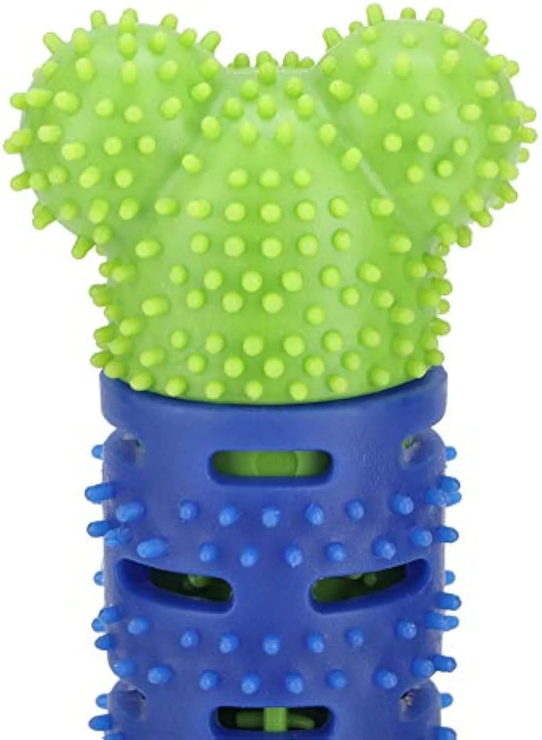 Blue silicone dog molar tooth cleaner stick with serrated brush head and treat crevice for dental care