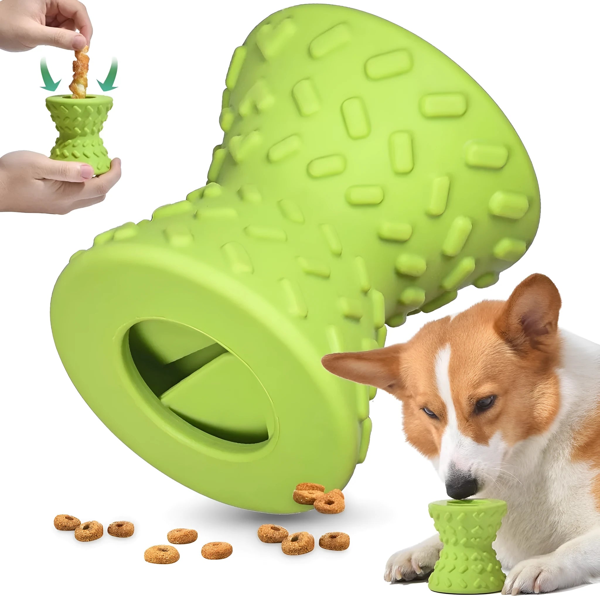 Natural rubber treat dispensing bone toy for dogs in blue, green or purple colours