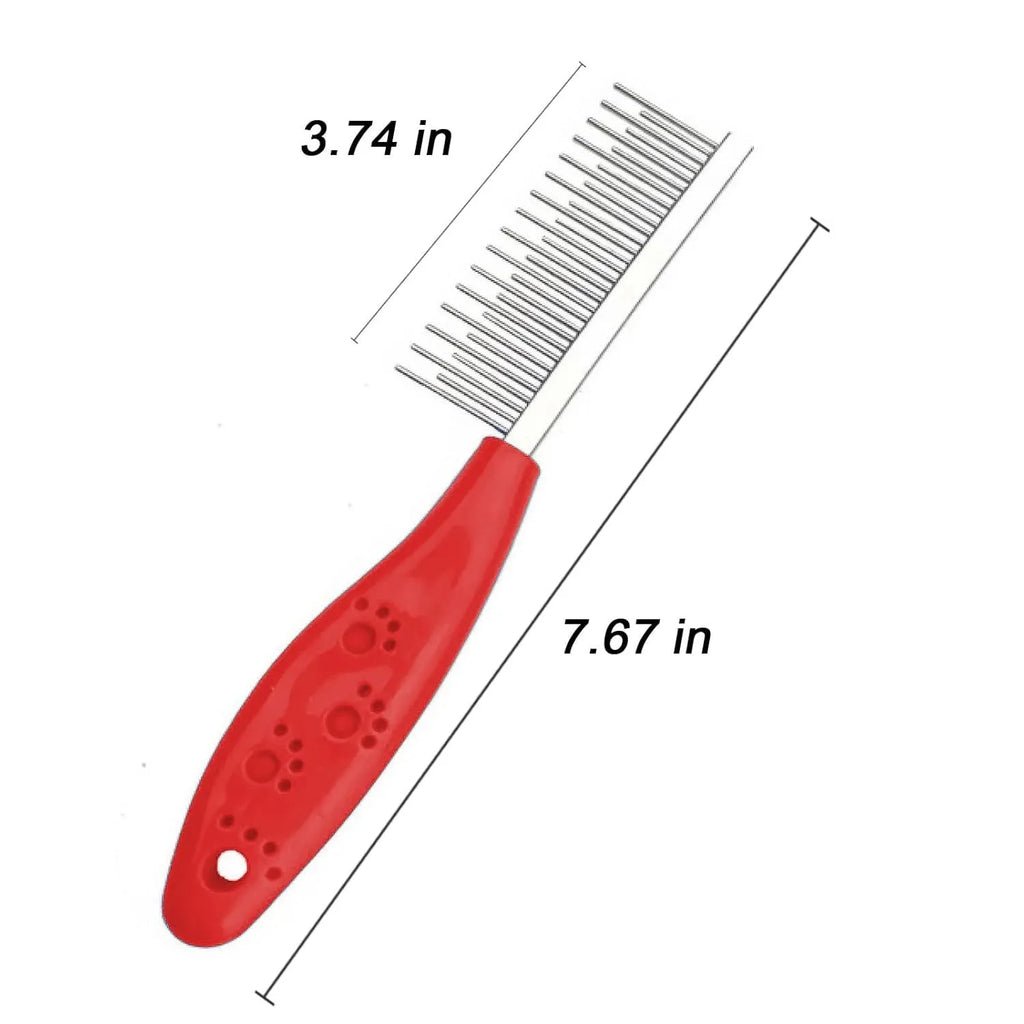Red plastic handled pet comb with stainless steel long and short teeth for dematting.