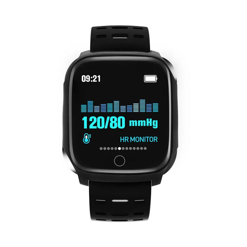 F16 smart watch with ECG monitor showing blood pressure and heart rate display on black silicone wristband