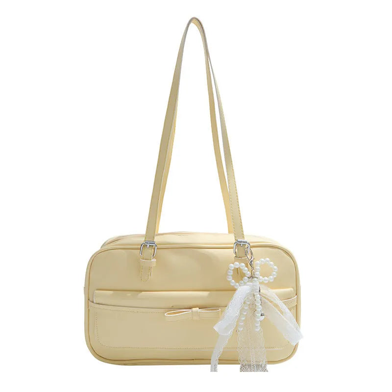 Women's horizontal square PU leather single-shoulder flap bag in a choice of colours with an optional silk scarf ornament.