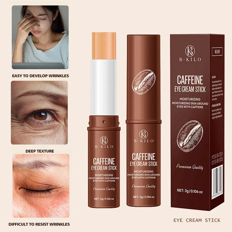 Caffeine eye cream stick in white packaging with roll-on applicator tip, 3g net content.