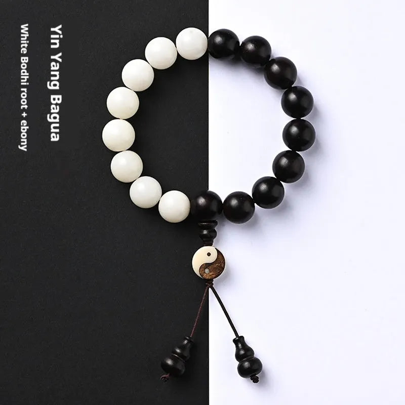 Handmade retro bracelet with White Corypha Umbraculifea Blackwood and Mixed Yuan Beads on a lanyard.