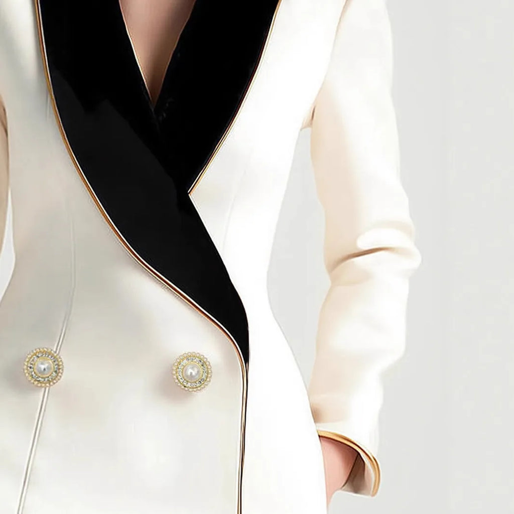 Milky white women's long sleeve coat with golden edge detailing and pearl buttons, irregular cut design