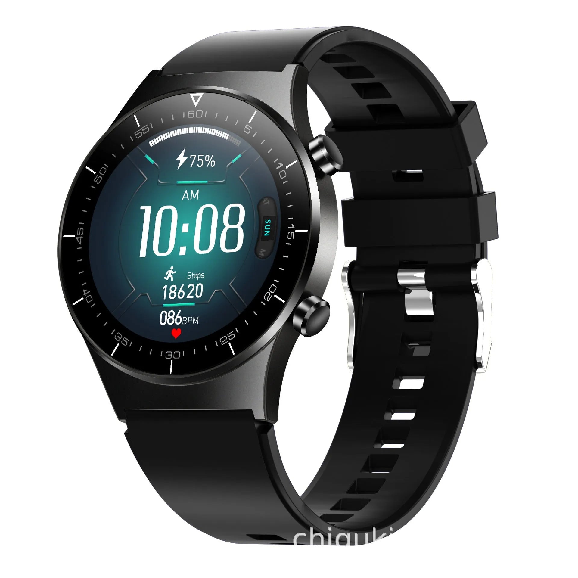Black TPU smart watch with 1.28 inch touchscreen showing health monitoring interface