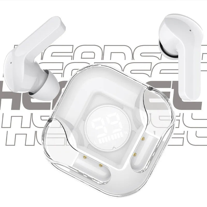Transparent HIFI noise reduction TWS Bluetooth headphones in white, black, pink, blue, and green colours