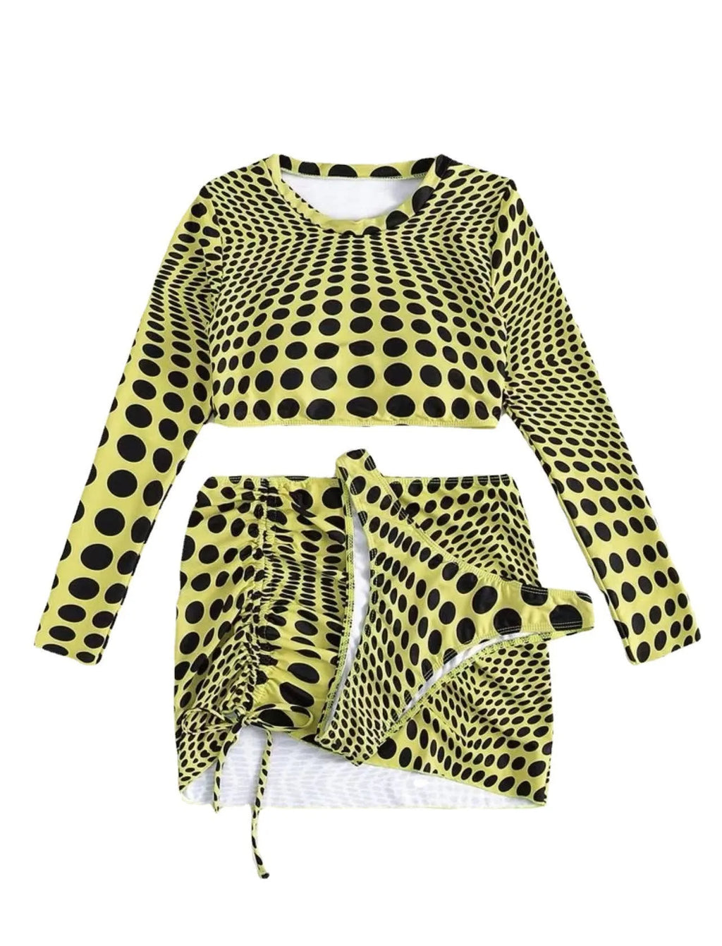 Women's green polka dot three-piece swimsuit set with halterneck bikini top and matching skirt