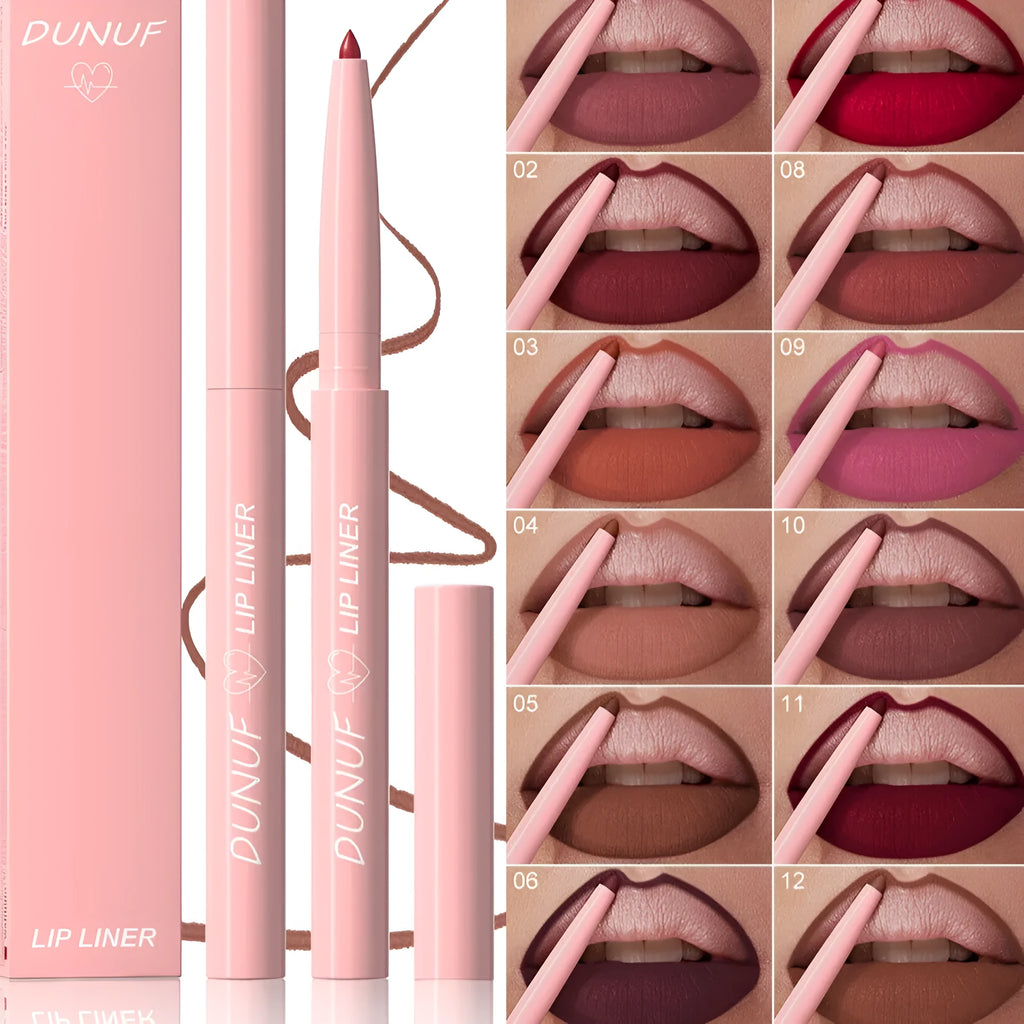 12 Colour Velvet Matte Lip Liner Pencils in assorted shades on a white background.