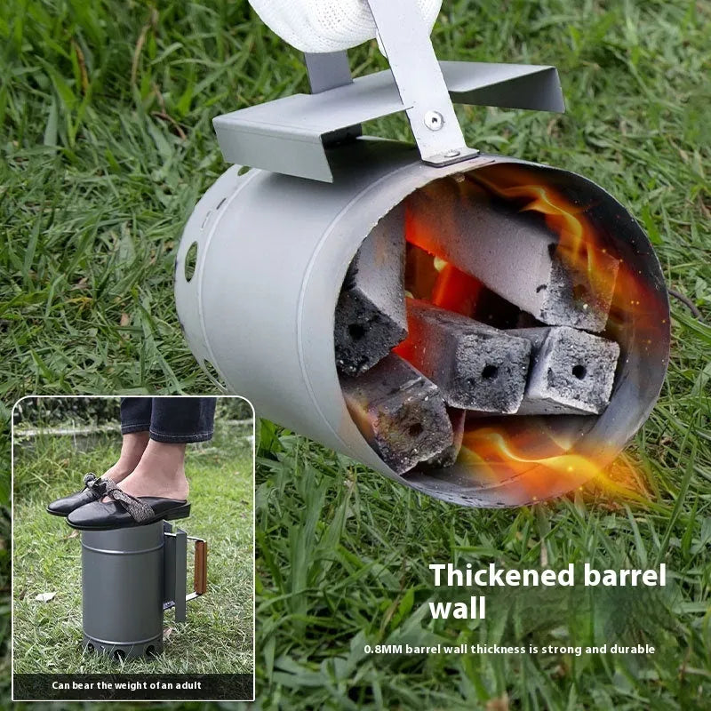 Zinc-iron alloy outdoor charcoal fire starter tool with pointed carbon barrel design.