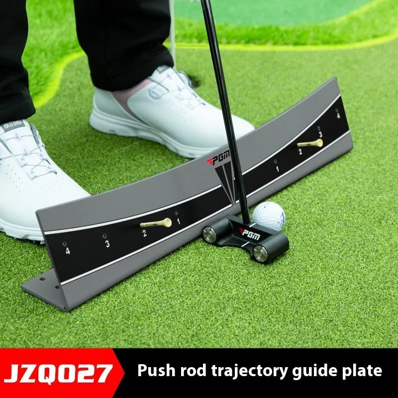 Golf putter trajectory balance simulator with adjustable push rod on a flat surface.