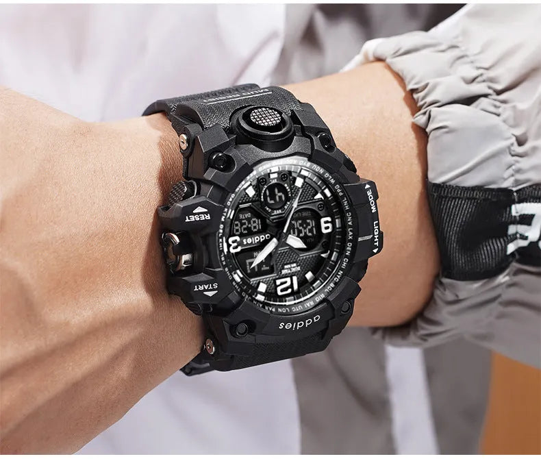 Men's dual display electronic sports watch with round plastic case and 50m waterproof rating