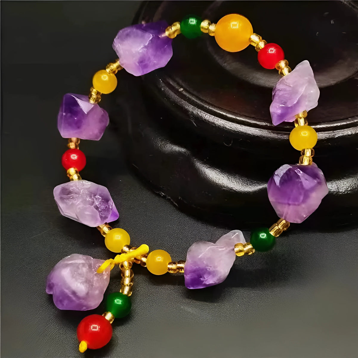 Women's natural shaped amethyst bracelet with fu character bead, adjustable 18-20 cm length