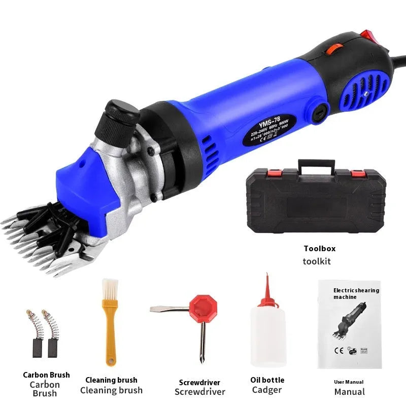 Yellow electric wool shearing machine with 13-tooth blade and multiple accessory sets in plastic storage box