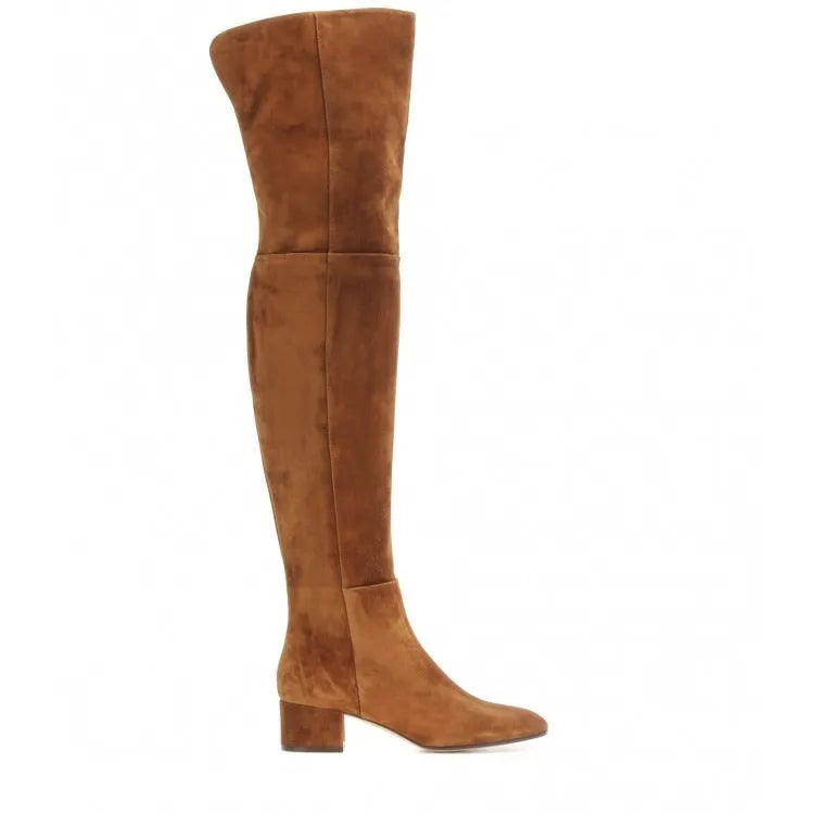 Grey women's suede over-the-knee flat boots with pointed toe and low thick heel on a rubber sole.
