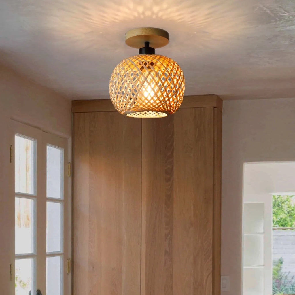 Natural bamboo Japanese-style ceiling lamp with a wood colour finish, designed for hallways and corridors.