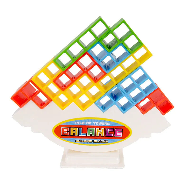 Plastic balance stacking board game with 16 colourful blocks on chassis and base
