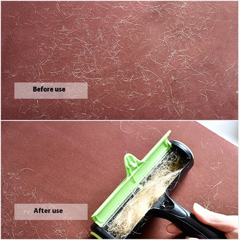 Automatic pet hair lint roller with rotating brush head in green colour.