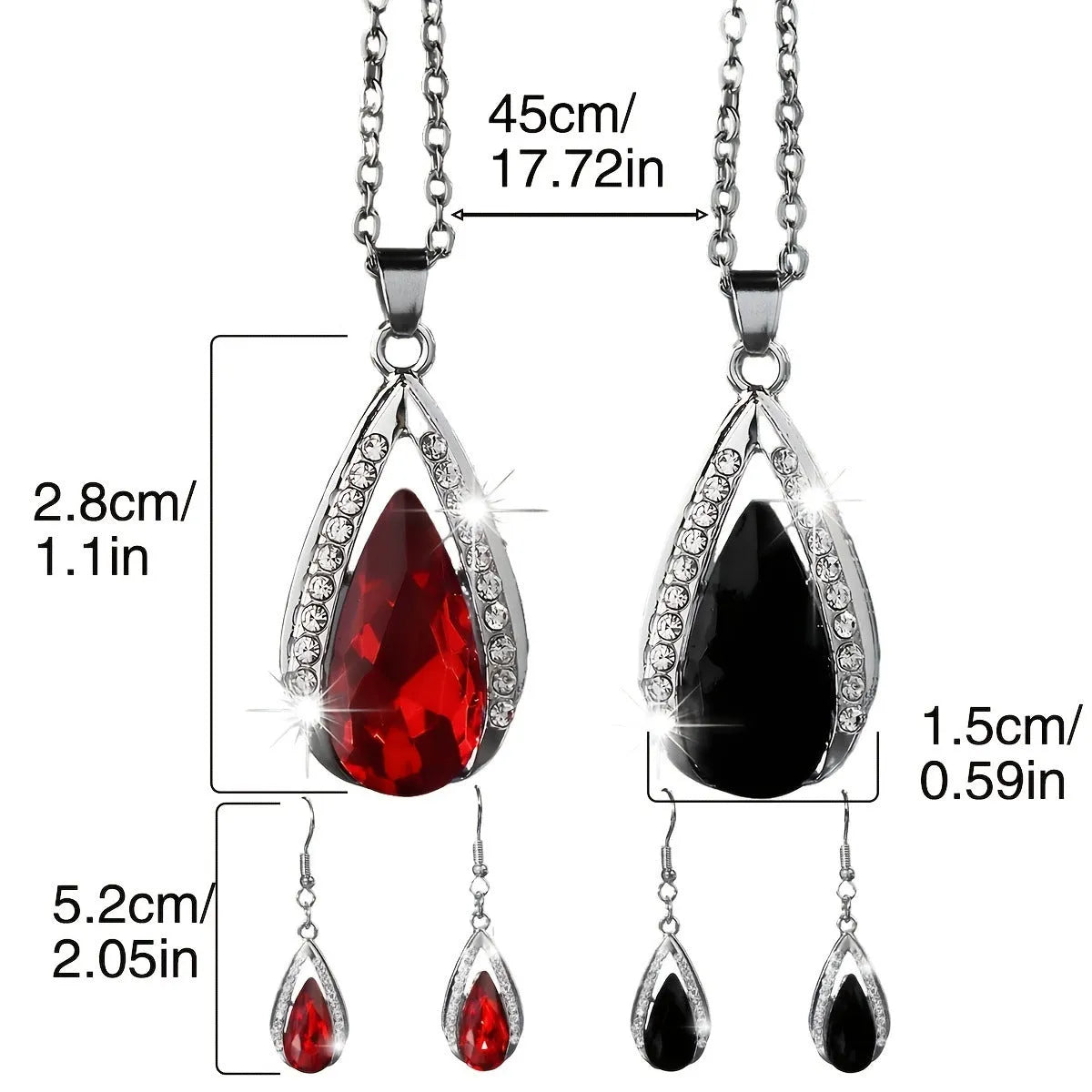 Black and red teardrop glass pendant necklace and matching earrings set with water droplet design