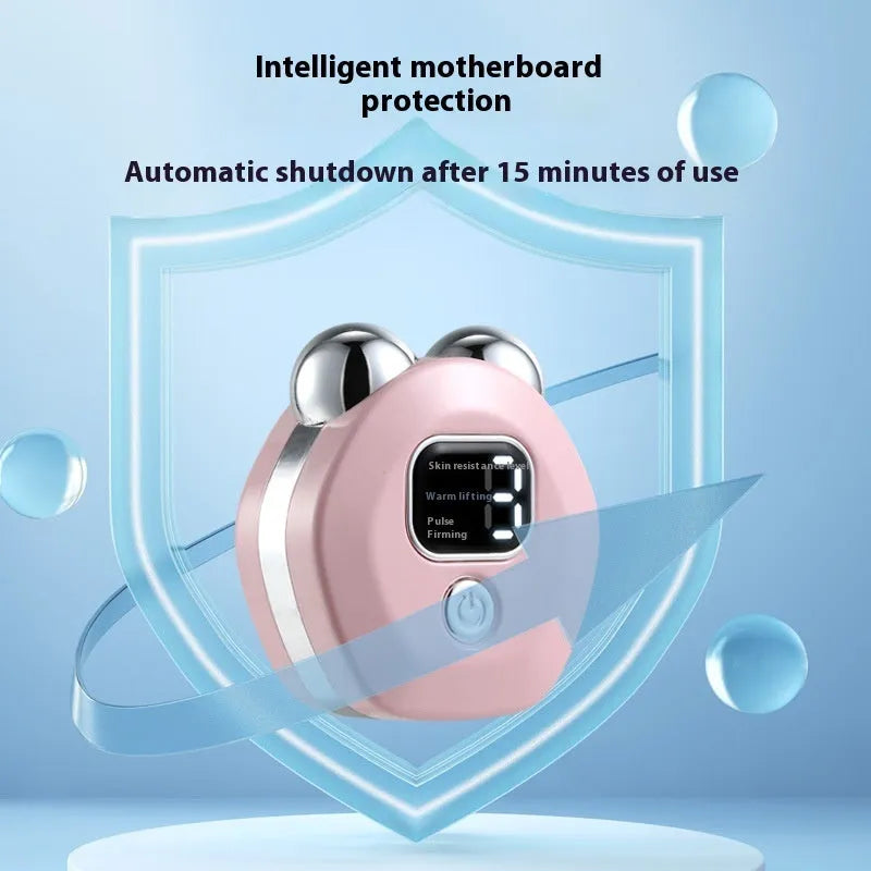 Portable white micro current facial massage instrument with two silver rollers and a USB charging cable