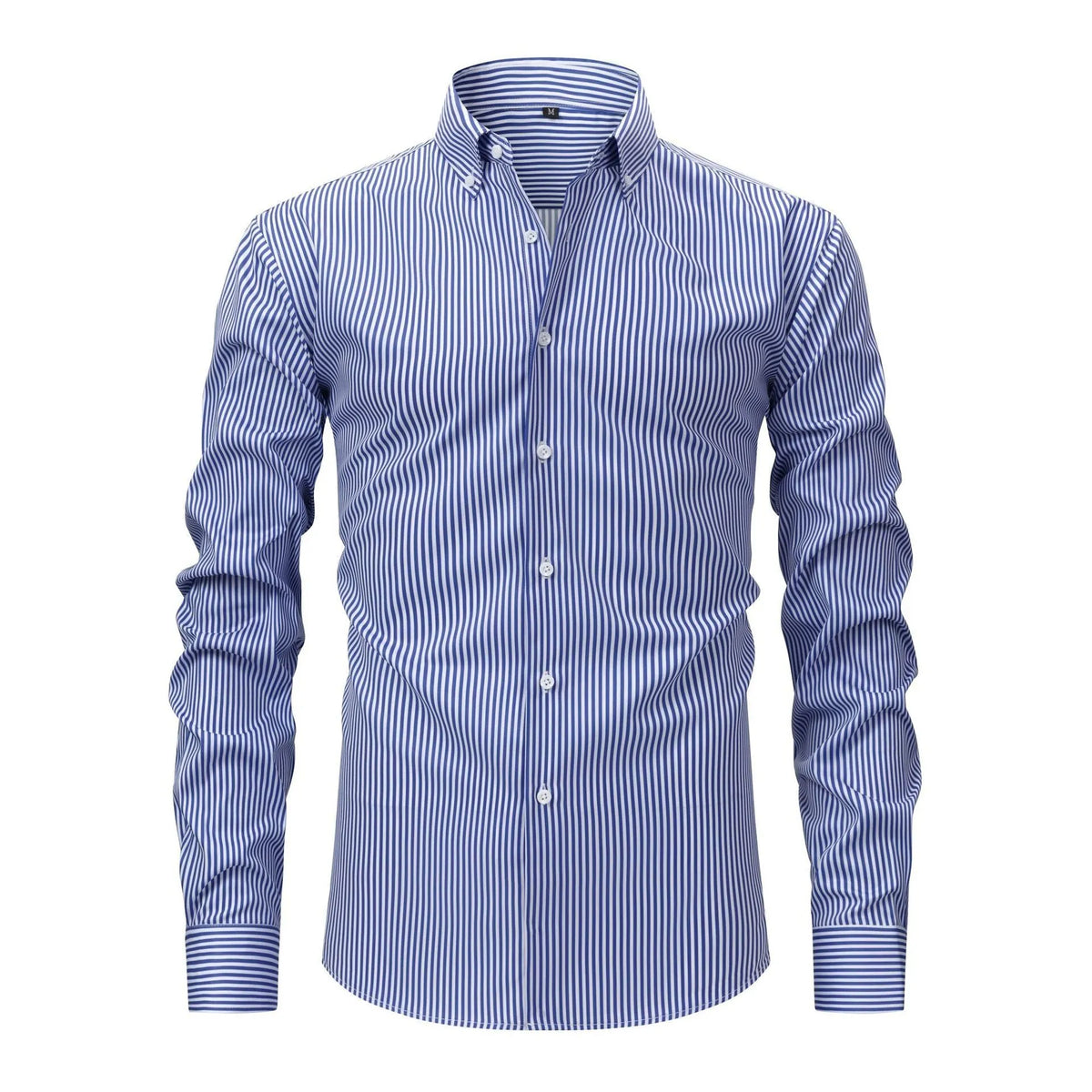 Men's striped long-sleeved business casual shirt with lapel collar in non-iron fabric